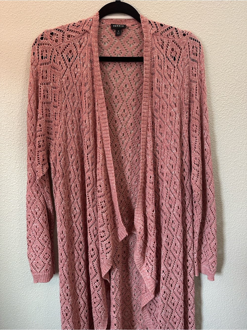 Torrid size 3 Rose Pink Openwork Draped Diamond Knit Cardigan